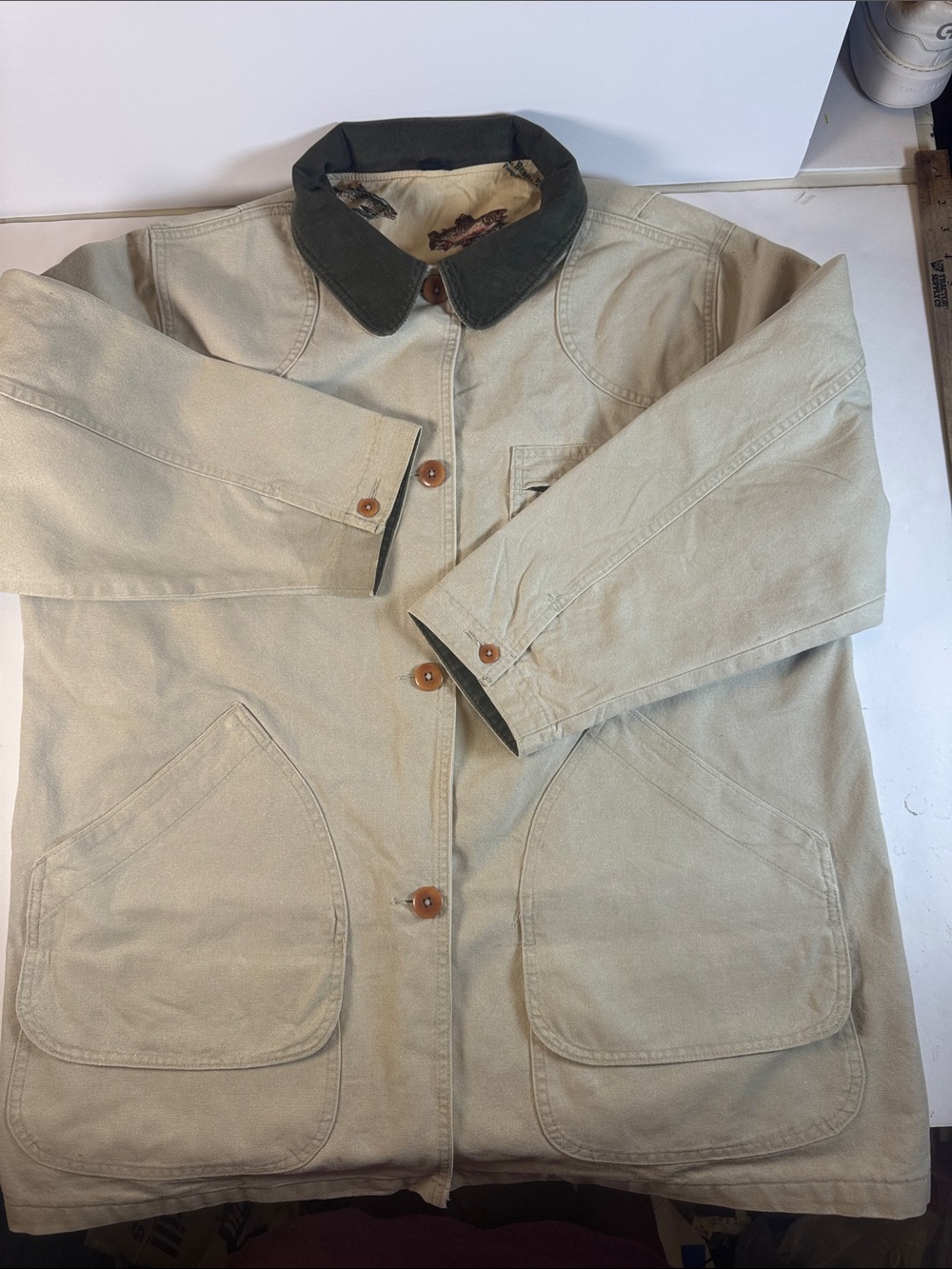 rare Llbean trout and buck Canvas Field Coat with Contrast Collar - Beige